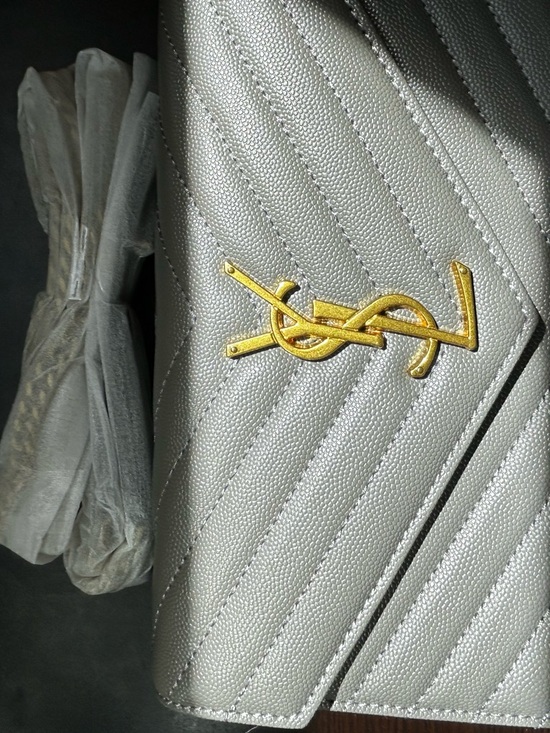 Saint Laurent Handbags - Saint Laurent Silver Quilted Coat with Gold YSL Emblem